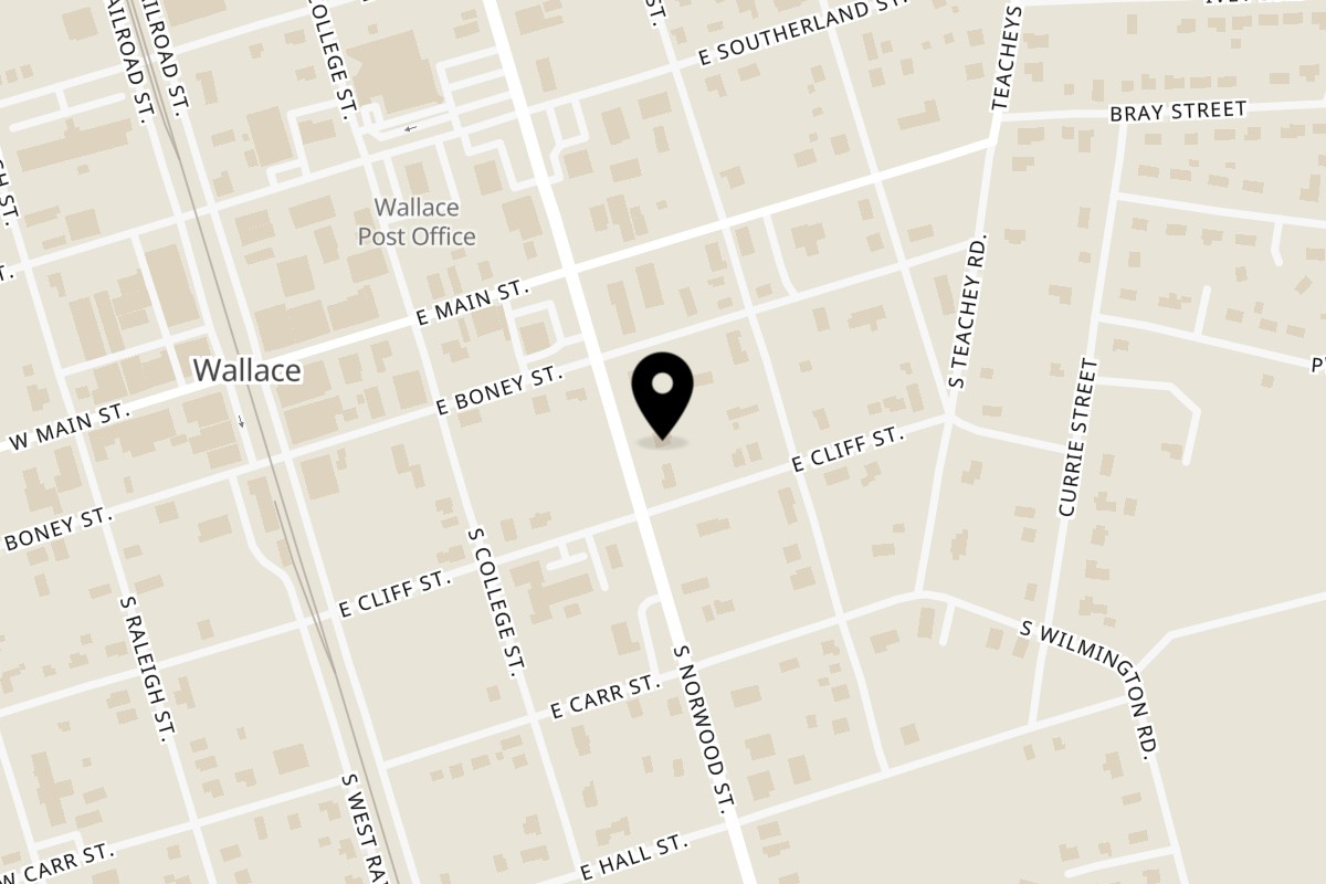 Map showing the location of Pizza Corner on 223 S Norwood St in Wallace